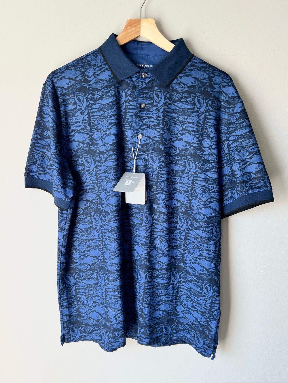 HICKEY FREEMAN Short Sleeve Blue Fish 3 Button Golf Polo Shirt Size M